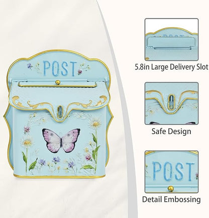 Mailbox Wall Mount Mailboxes for Outside Vintage Mail Boxes for House Outside Metal Drop Box Antique Style Nostalgic Charm Home Decorative Butterfly Blue