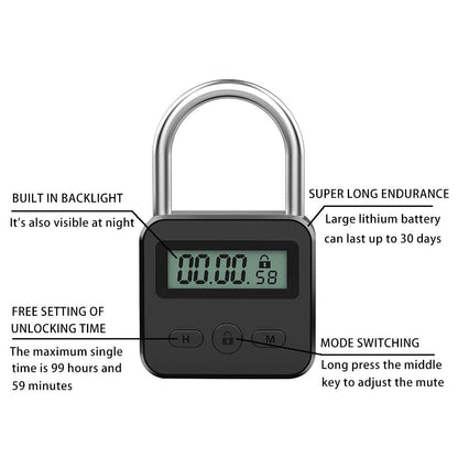 Metal Timer Lock, LCD Display Multi-Function Electronic Time, 99 Hours Max Timing, USB Rechargeable Timer Padlock (Black)