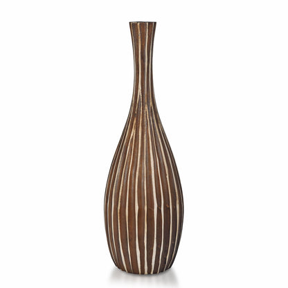 AeraVida Hand-Carved Tall Teardrop Mango Wood Vase with Vertical Stripes | Handmade Eco-Friendly Decor for Dried or Silk Flowers