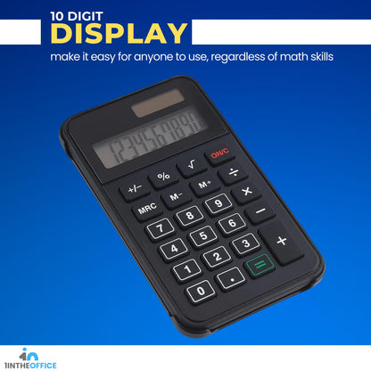 1InTheOffice 10 Digit Pocket Calculator, Dual Powered Handheld (Solar and Battery), Black, 1 Pack