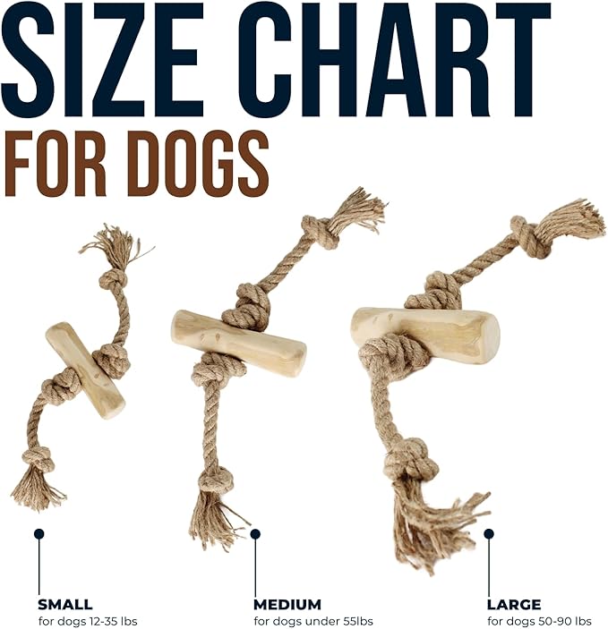 Coffee Wood Tug for Dogs, Medium Toys Made of Real Coffee Wood and Hemp Rope - 100% Natural - Real Wood Chew Stick, Stress Relief, Training and Rewards