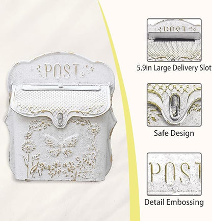 Mailbox Wall Mount Mailboxes for Outside Vintage Mail Boxes for House Outside Metal Drop Box Antique Style Nostalgic Charm Home Decorative, Butterfly Pattern, White