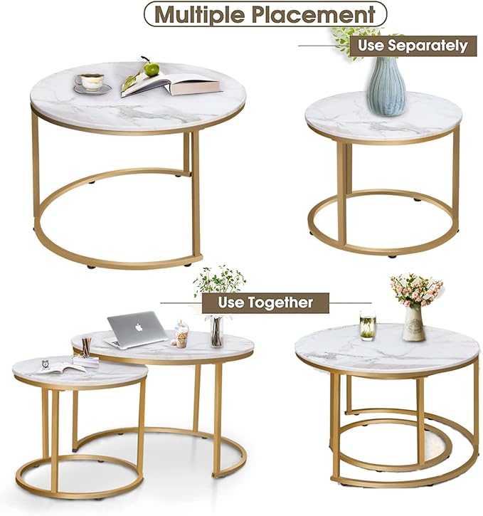 Garden 4 you Nesting Coffee Table Faux White Marble for Small Place 2 Sets Modern Furniture Living Room Sets End Side Table Night Stand for Bed Room Dining Room