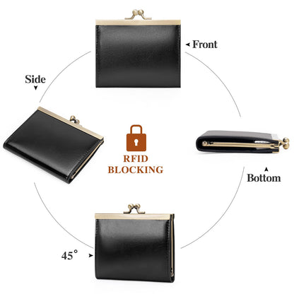 GOIACII Credit Card Holder Vintage Wallet for Women Genuine Leather Ladies Card Cases with Kiss Lock Small Black