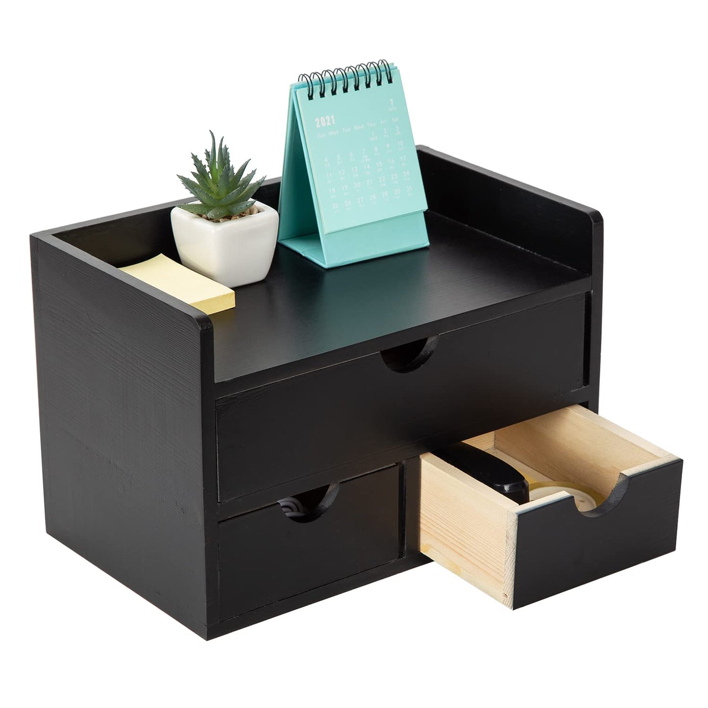 ExoLiry Black Bamboo Desk Organizer Wooden Storage Cabinet 3 Drawers with Shelf Tabletop Organization Box Home Office Workspace Bathroom Toiletries Supplies Caddy Vanity Makeup Stationery Holder