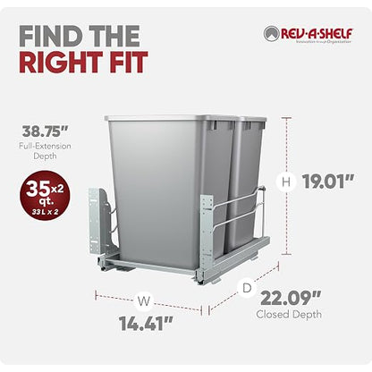 Rev-A-Shelf Double 35 Qt Pullout Trash Cans with Soft-Close for Under Kitchen Cabinets, Min Opening Width of 14.5", Metallic Silver, 53WC-1835SCDM-217