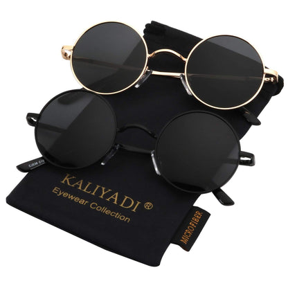 KALIYADI Round Polarized Sunglasses for Men Women Retro Metal Hippie Circle Style Sun Glasses UV Protection (2 Pack) 47mm