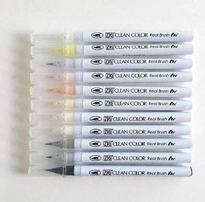 Kuretake ZIG CLEAN COLOR Real Brush Neutral & Natural Tones 12 Colors set, AP-Certified, Flexible Brush Tip, Odourless, Xylene Free, Easy to creat narrow and wide lines, Made in Japan
