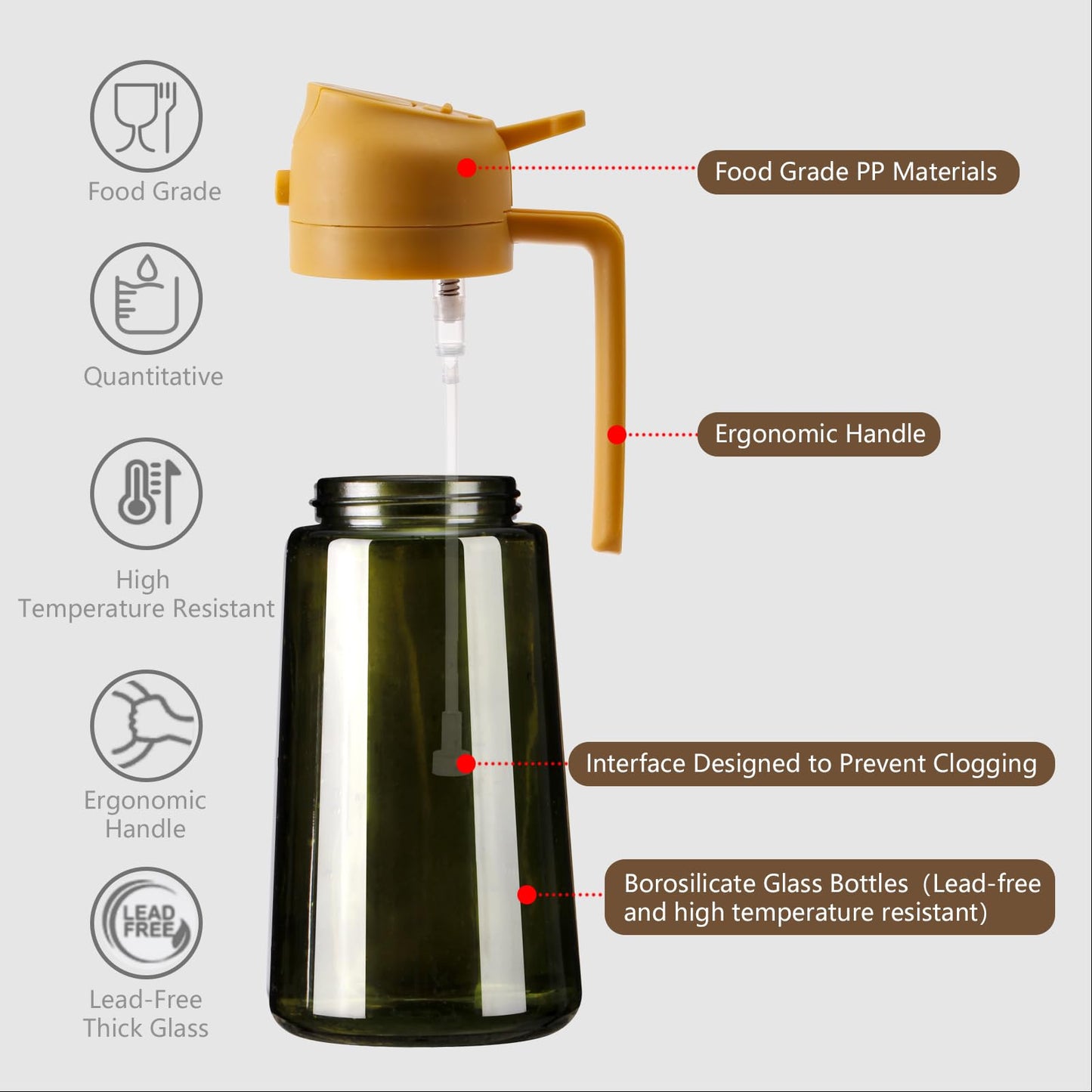 Olive Oil Dispenser and Oil Sprayer – 16oz/470ml Glass Light-Proof Oil Pourer for Kitchen, Air Fryer, Cooking, Salad, and BBQ