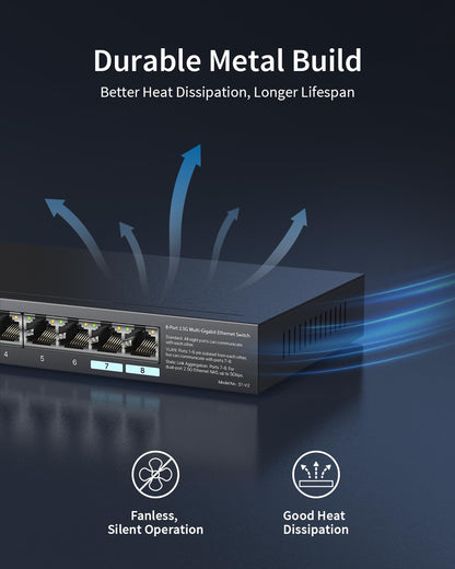 BrosTrend 2.5Gb Switch, Unmanaged 8 Port Ethernet Switch 2.5 Gigabit Supports Static Link Aggregation & VLAN, Fanless, Desktop Wall Mount, Multi Gig Splitter for Gaming, NAS, PC, Lifetime Protection