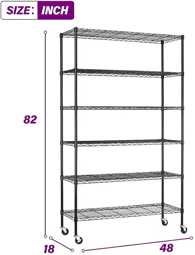 FDW | 6-Tier Wire Storage Shelves with Wheels | 45"x18"x82" | Black | Adjustable Racks | Heavy-Duty Metal Shelf, Holds Upto 2100 lbs | Tool-Free Assembly, Rust-Resistant | for Home & Garage Shelving