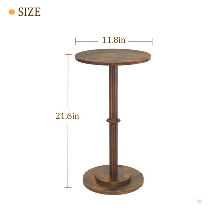 MaxSmeo Drink Table, Small Side Table for Small Spaces, Modern Round End Table with Fluted Wood Leg, Rustic Brown
