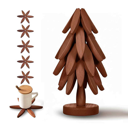 5Pcs Wooden Trivets for Hot Dishes - Heat Resistant Hot Pads for Kitchen, Tree Shaped Wood Trivet Set of 5 with Stand, Walnut Wooden Kitchen Accessories for Pots and Bowls (Walnut Wood 5)