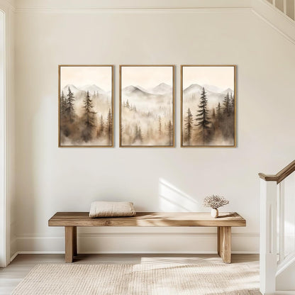 IARTTOP Large Mountain Forest Framed Canvas Wall Art 16x24 Inch Set of 3 Abstract Misty Woodland Painting Modern Farmhouse Art Prints for Living room Dining room