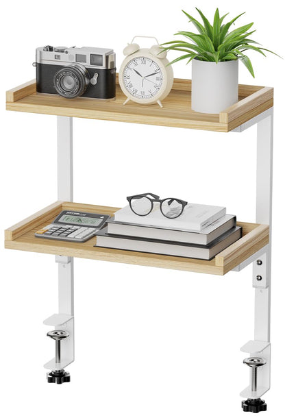 ART-GIFTREE Clamp On Desk Shelf 2-Tier, 12.5 inch Wood Shelving Unit for Office Desk/Gaming Accessories, Tabletop Book Storage Rack, Shelf for Top & Under of Desk, Natural
