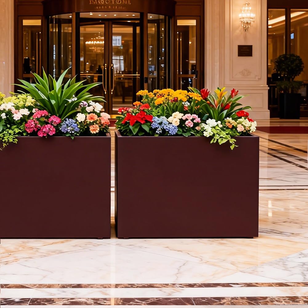 Megawodar Metal Tall Long Planter Box Large Rectangular Planter Flower Pot with Drainage Holes for Indoor Outdoor Deck Porch Garden Home Patio Front Door (Espresso, 36" L x 10" W x 28" H)