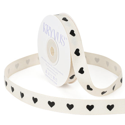 Kryvus Black Hearts Ribbon, 5/8 Inch x 27 Yards Natural Twill Tape Ribbons, Cotton Herringbone Ribbon for Gift Wrapping, Valentine's Day, Birthdays, Wedding Decorations, Anniversaries, Mother's Day