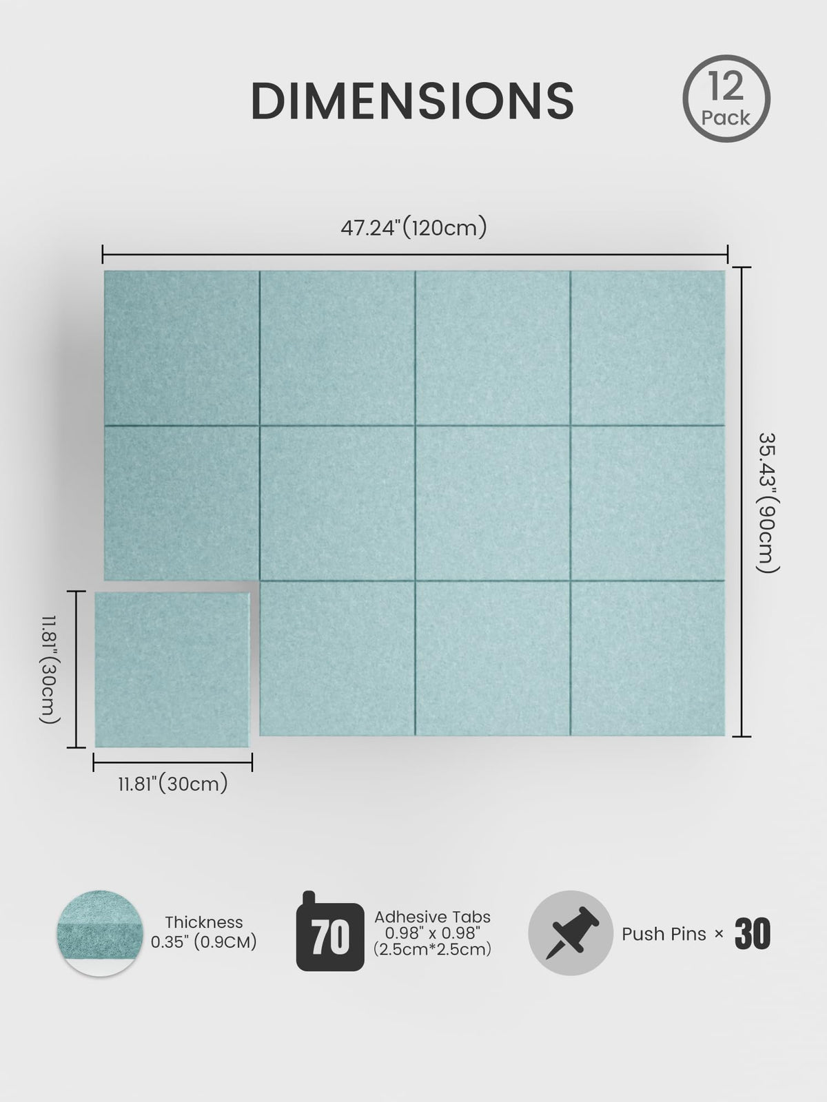 Bumusty Large Cork Board 48" x 36" Alternative - 12 Pack Felt Wall Tiles with 70 Safe Removable Adhesive Tabs, 30 Pushpins, Cork Boards for Walls Pin Board Bulletin Board Office Decor (Aqua Blue)