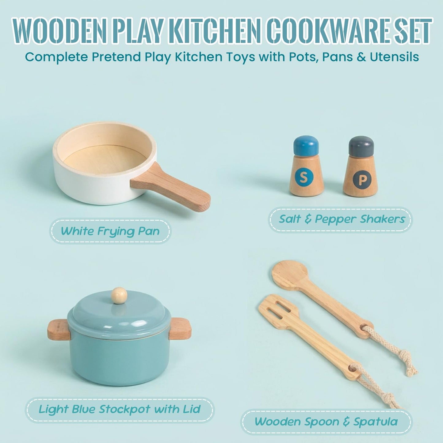 WoodenEdu Premium Toddler Play Kitchen Toys, Wooden Kitchen Utensils, Accessories for Pretend Play Kitchen Set, Montessori Learning Toy, Pretend Cooking Playset, Gift for 3+