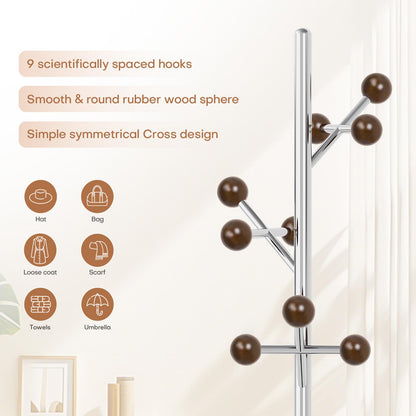 WOOW DEPOT Coat Rack Freestanding, Metal Coat Tree with 9 Rubber Wood Hooks, Heavy Duty Coat Hanger Stand with Marble and Stainless Steel Base, Standing Hall Tree for Clothes, Hats, Bags, Jacket