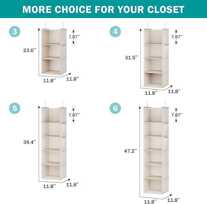 YOUDENOVA Hanging Closet Organizer, 3-Shelf Closet Hanging Storage Shelves