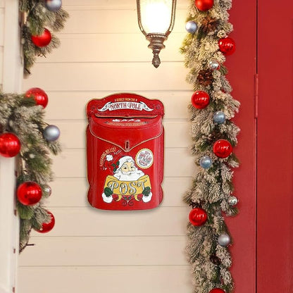 Xmas Letters to Santa Mailbox Wall Mount Christmas Mail Boxes for House Outside Metal North Pole Post Box Vintage Red Christmas Home Decor