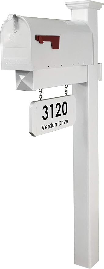 The Harrison Vinyl/PVC Mailbox Post (Includes Mailbox) Complete Decorative Curbside Combo Mailbox System with Classic Traditional Style (White Mailbox)