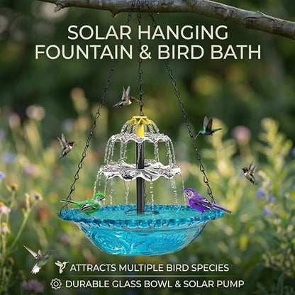 Solar Cascade Hanging Bird Bath Fountain, Solar Powered Hanging Bird Bath with Glass Bowl, Outdoor Hanging Birdbath Water Fountain for Hummingbirds, Garden Patio Yard Decor, Blue (red)