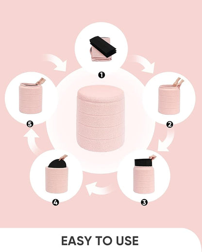 B FSOBEIIALEO Ottoman with Stroage, Round Sherpa Storage Ottoman Stool, Boucle Foot Rest 14.6"x14.6"x17.7"（Pink