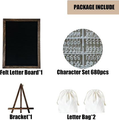 Felt Letter Board 12x16" – 680 Letters, Numbers & Symbols, Wall Mount or Stand Display, Changeable Message Board for Quotes & Notes, Home/School/Office/Hotel/Restaurant/ Coffee Shop, 1 Storage Bags, Dark Brown Wood Frame
