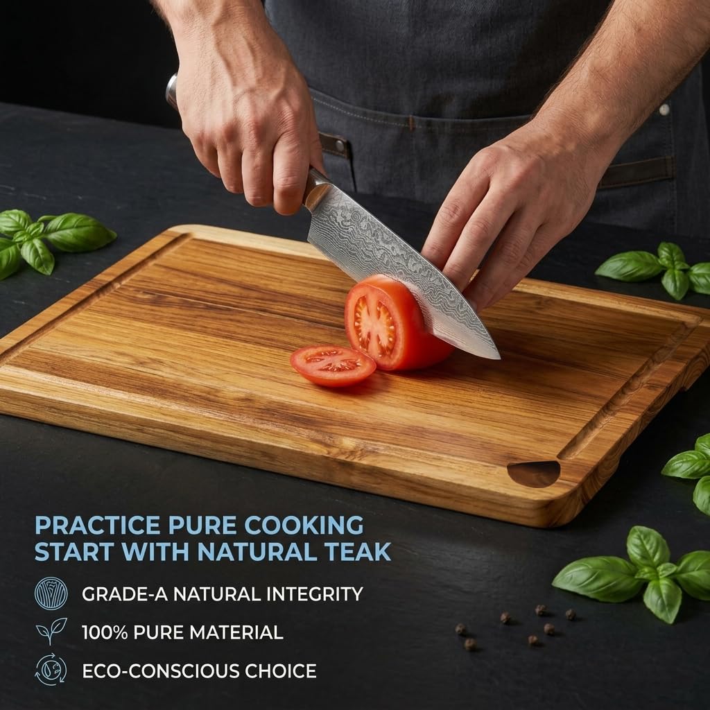 Zoutley 3-Piece Teak Wood Cutting Board for Kitchen, Knife-Friendly Chopping Boards with Juice Grooves & Storage Stand, Heavy Duty Wooden Boards for Meat, Fruit & Cheese, Ideal Housewarming Gift