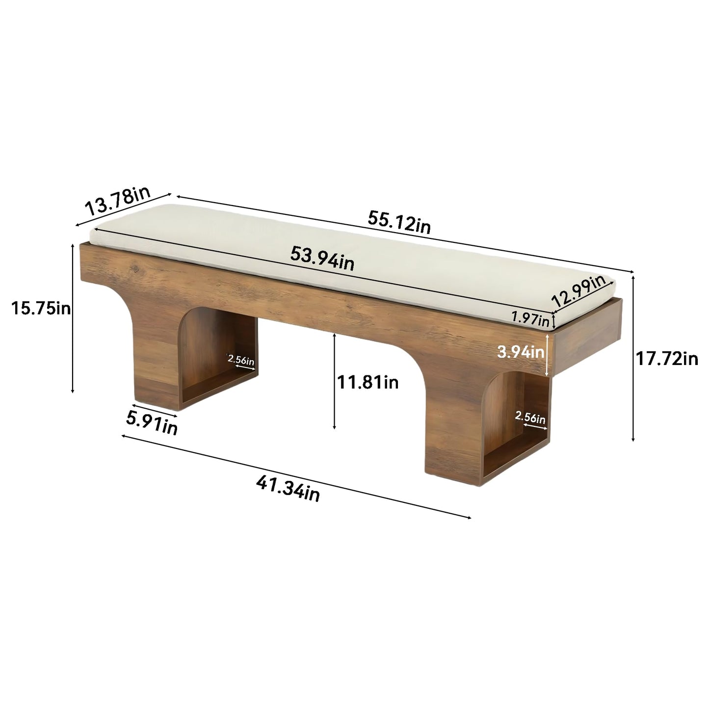 LITTLE TREE 55.2" Dining Bench with Linen Cushion, End of Bed Upholstered Bench, Farmhouse Entryway Bench for Hallway, Living Room, Bedroom, Kitchen