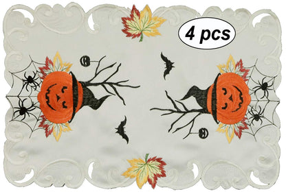 Creative Linens 4PCS Halloween Placemats 11x17”, Embroidered Spooky Pumpkin Bats Spider Web Tray Cloth, Ivory, Set of 4 Pieces