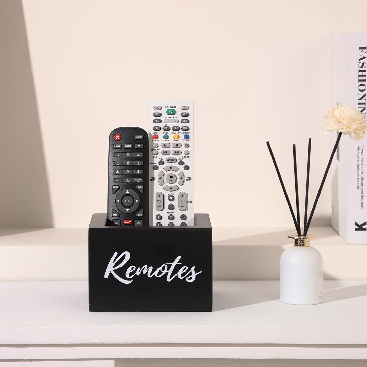 COOLEX Remote Control Holder, Wooden Tv Remote Holder, Remote Holder for Table, Remote Control Storage Organizer Caddy - Black