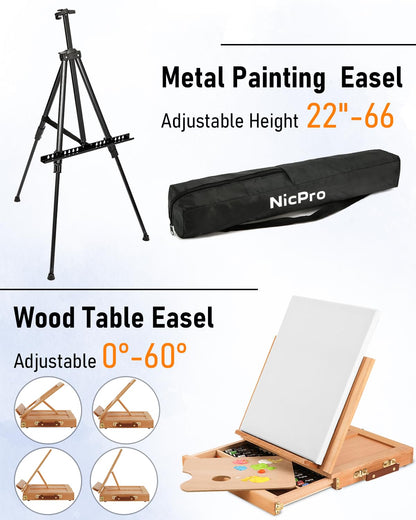 Nicpro 158PCS Deluxe Art Painting Kit with Metal and Solid Beech Wood Easel, Acrylic, Oil & Watercolor Paint Set, Paint Brushes, Canvas, Palette, Paper Pad, Professional Art Set for Adults Artist