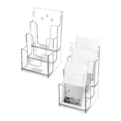 Voittozege 2 Pcs Acrylic Brochure Holder, 3 Tier 4-Inch Wide Clear Literature Holder, Clear Flyer Holder Pamphlet Display Stand Literature Booklet Holder for Wall and Counter Desktop Stand