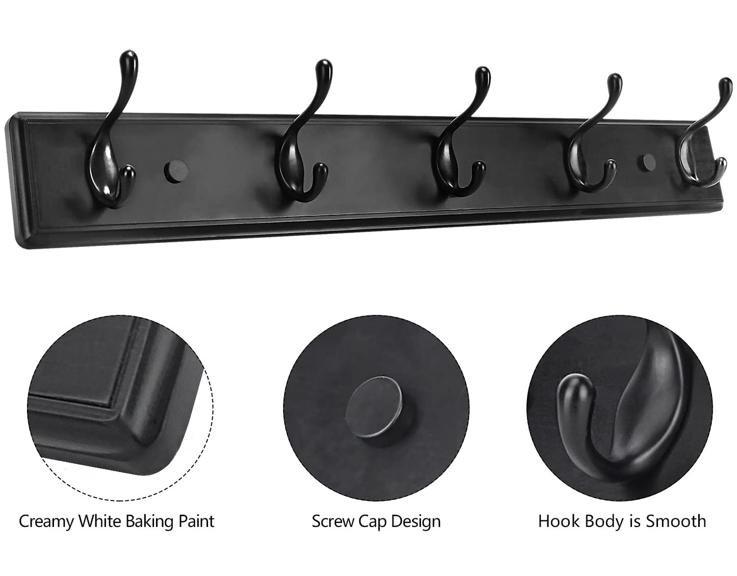 Badiano Wooden Coat Rack, Wall-Mounted Organizer for Closet, Entryway, Hallway, Foyer, Bedroom, Heavy Duty Double Hooks for Hanging Towels, Bags, Hats, Jackets, Key (Black, 5 Hooks)
