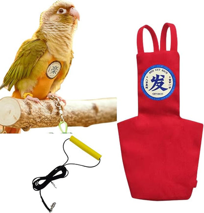 MANON ROSA Bird Diapers Leash Set Washable Reusable Handmade Flight Suit Waterproof Inner Layer - Protective Parrot Nappy Clothes Parakeets Macaws Budgies Canaries (Red6,Sun Conure)