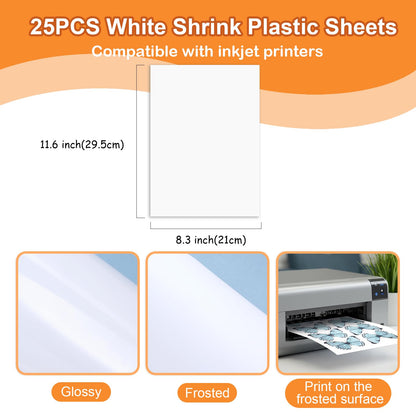 Auihiay 25 Sheets White Printable Shrink Plastic Sheets, Shrink Films Papers for Inkjet Printer Kids DIY Crafts and Mothers Day Gifts Easter Ornament, 8.3 x 11.6 inch / 21 x 29.5 cm