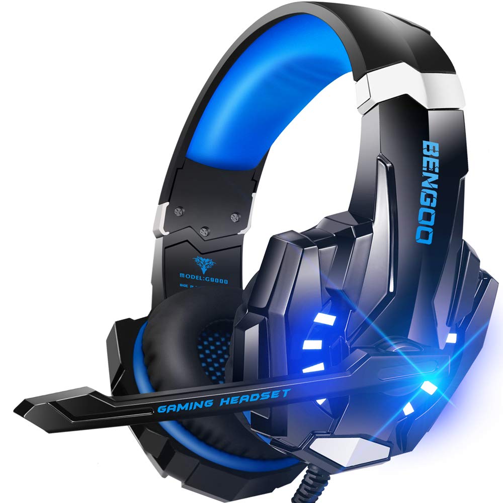 BENGOO G9000 Stereo Gaming Headset for PS4 PC Xbox One PS5 Controller, Noise Cancelling Over Ear Headphones with Mic, LED Light, 7.1 Surround Sound, Soft Memory Earmuffs for Nintendo Xbox Series X|S