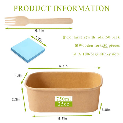 MINCOCO 50 Count Disposable Paper Bowls with Lids Meal Prep Containers 【Includes 50 Wooden Forks + 100 Labels】 Salad Food Containers Freezer & Microwave Safe Leakproof Soup Bowls (25 Ounce, 50-Count)