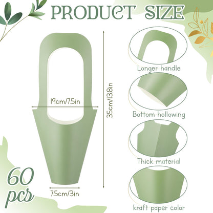 Kolldenn 60 Pack Sage Green Kraft Paper Flower Bouquet Wrapping Paper Gift Bags with Handle Flower Gift Bags for Graduation, Wedding, Birthday, Thanksgiving, Party Favors