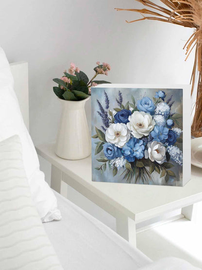 RisQiten Blue Spring Floral Home Room Office Decor Wooden Box Sign, Square Decorative Signs Plaques, Modern Art Flowers Pastoral Desk Decor Wood Block Plaque Shelf Table Decorations Gifts 6"x6"