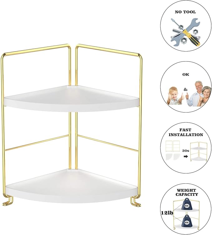2-Tier Kitchen Spice Rack-Corner Bathroom Shelf- Triangle Standing Storage Rack for Bathroom, Living Room, Bedroom, Kitchen (Golden)