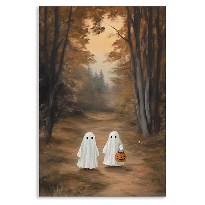 Halloween Ghost Canvas Wall Art, Friendly Ghosts with Jack O Lantern In Autumn Forest Poster, Spooky Fall Landscape Print, Gothic Halloween Pumpkin Holiday Picture for Bedroom 12x16in Unframed