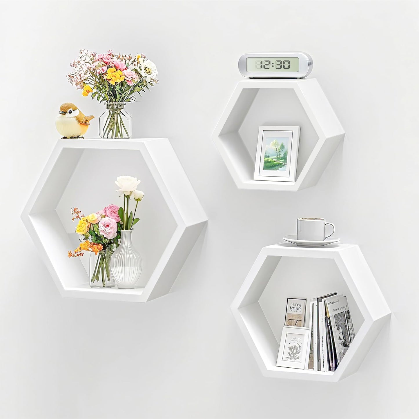 ZGZD Set of 3 White Wooden Hexagon Wall Shelves - Modern Decorative Storage for Home, Kitchen, Office Stylish Floating Shelves for Small Plants, Books, and Decor