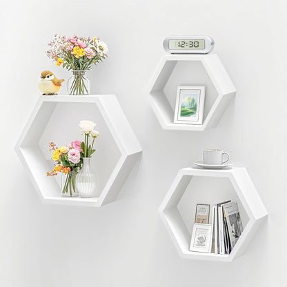 ZGZD Set of 3 White Wooden Hexagon Wall Shelves - Modern Decorative Storage for Home, Kitchen, Office Stylish Floating Shelves for Small Plants, Books, and Decor