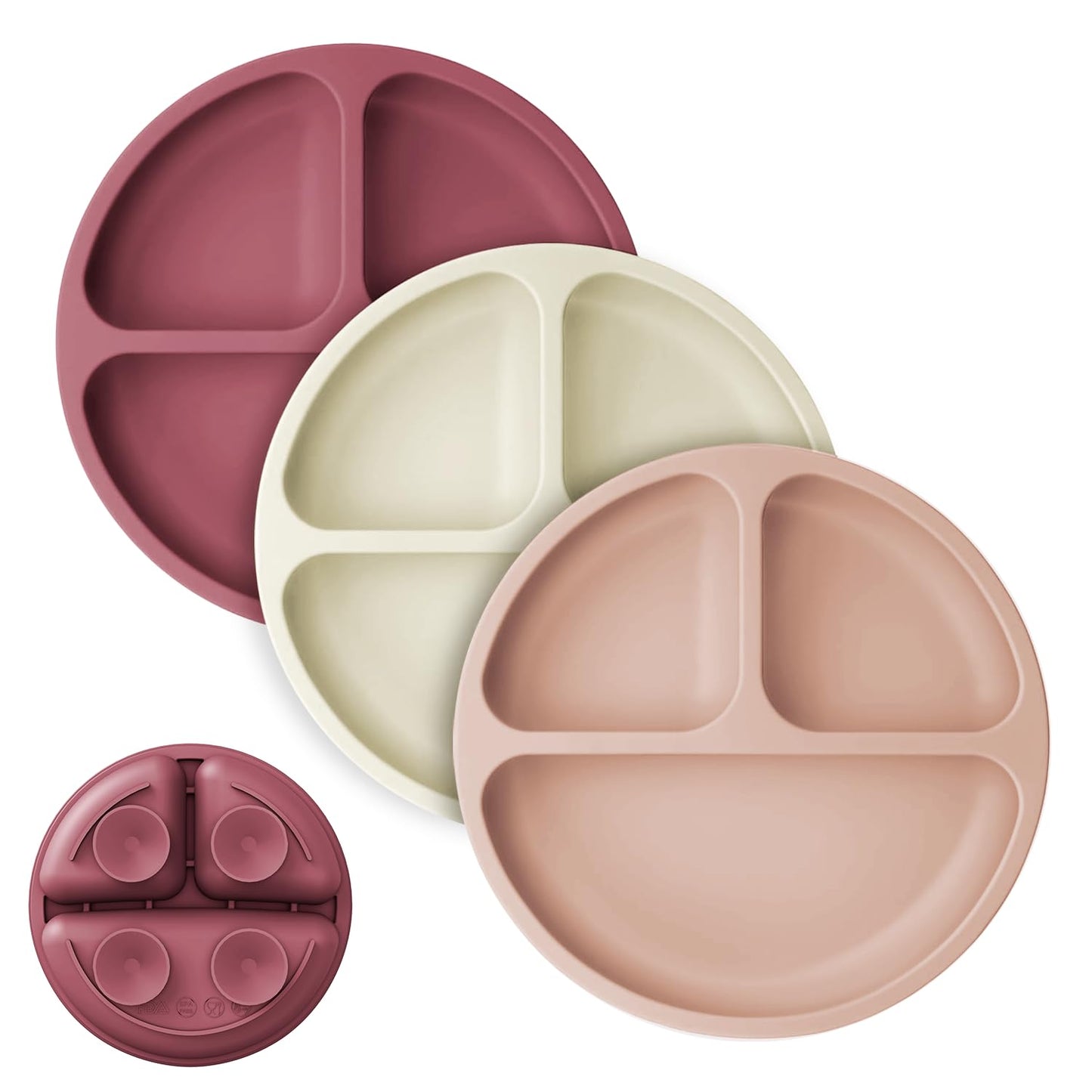 Cutebe 3 Pack Suction Plates for Baby Food Grade Silicone Baby Plates with Suction Microwave & Dishwasher Safe Toddler Plates Divided Design & Raised Edges Toddler Dishes for Feeding