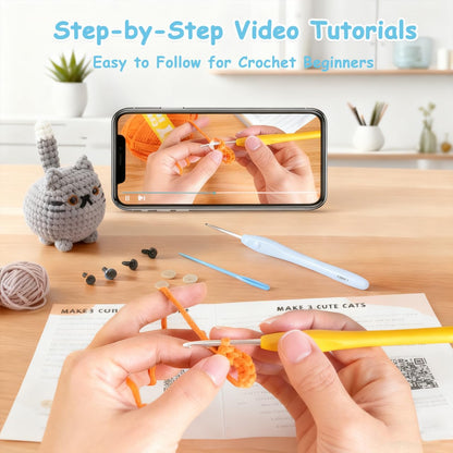 Crochet Kit for Beginners with Step by Step Manual & Video Guides, Amigurumi Crochet Kits for Starters Knitting, Beginner Crochet Animals for Adults Teens with Safety Eyes, Hooks, Easy Yarn, Needles