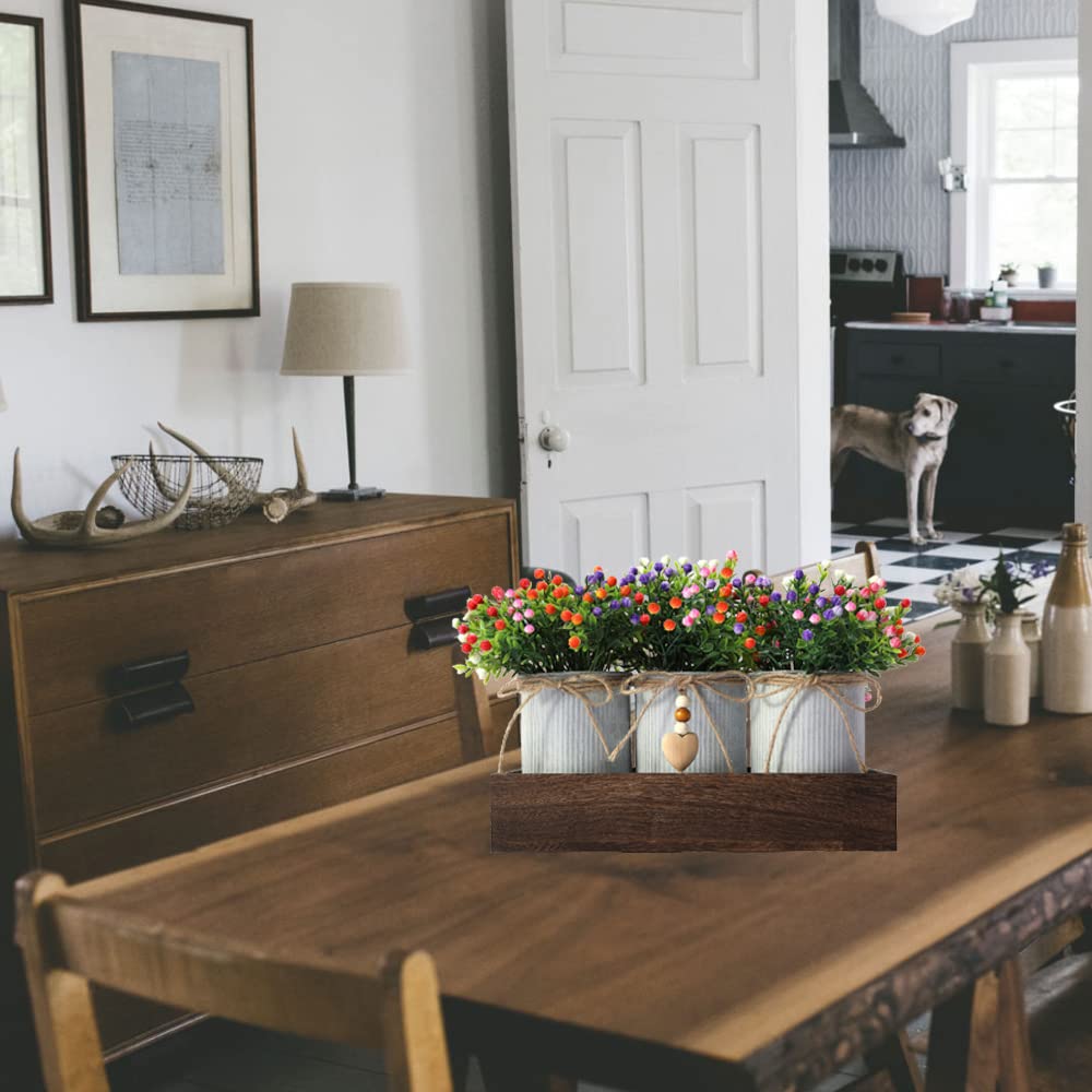 CALAVAK Decorative Centerpiece Wooden Tray with 3 Metal Potted Artificial Milan Flowers Rustic Country Farmhouse Décor for Dining Room, Living Room and Kitchen Table